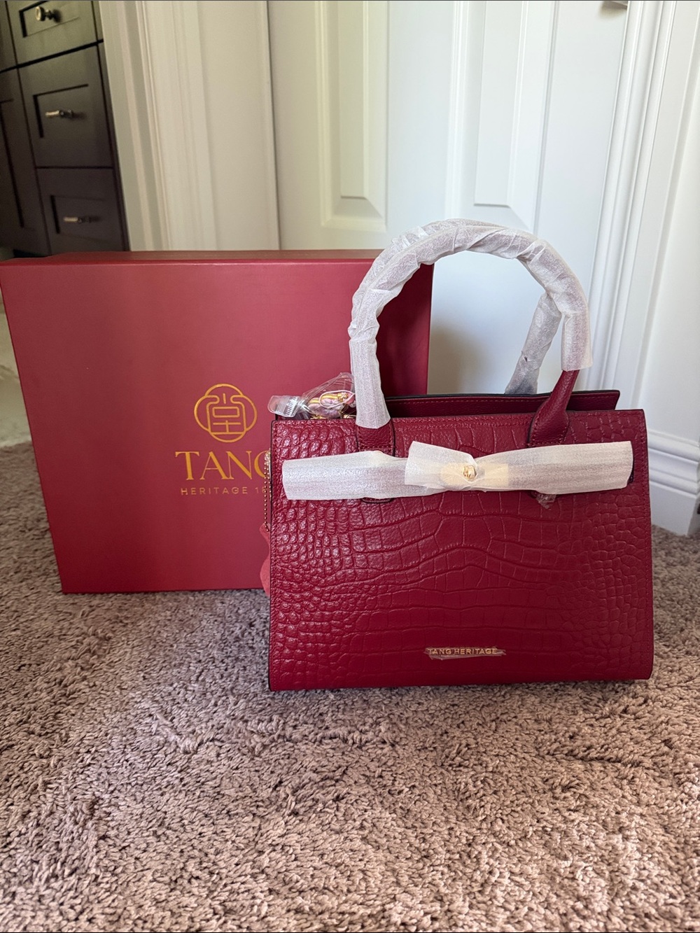 Croc-Embossed Red Satchel with Gold Accent